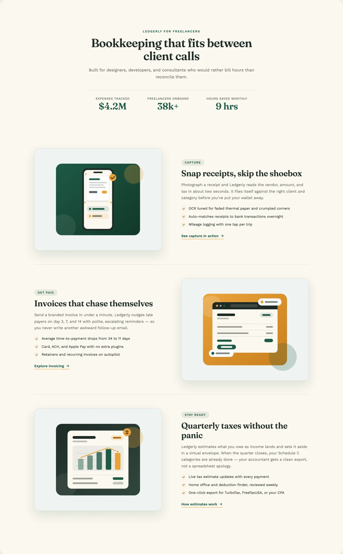 Elementor feature section template with alternating image and text rows, count-up stats strip, and bullet checklists