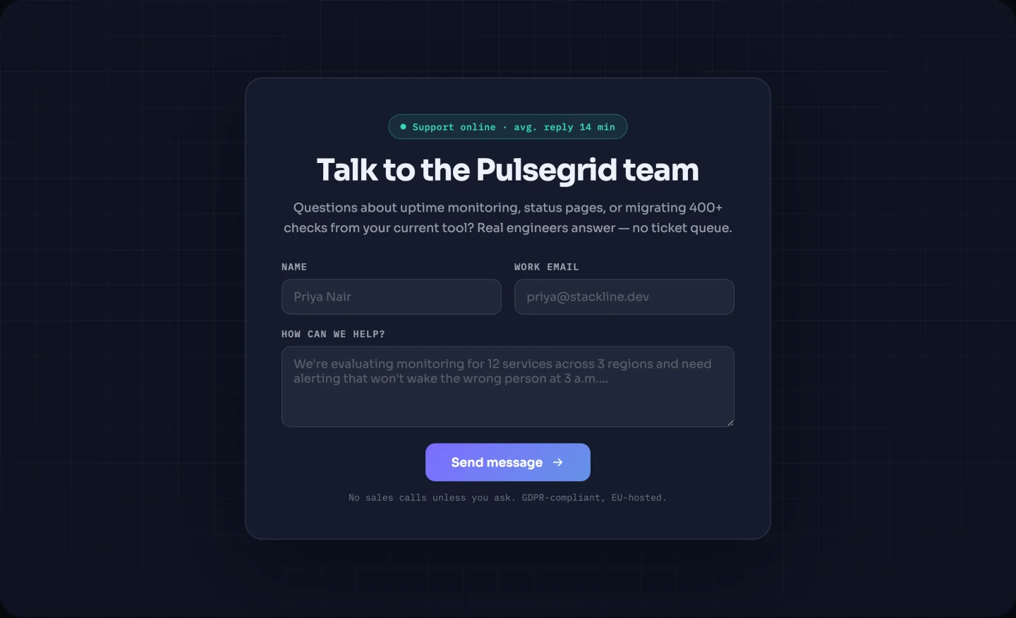 Elementor contact form template with centered card, cursor spotlight effect and live status badge