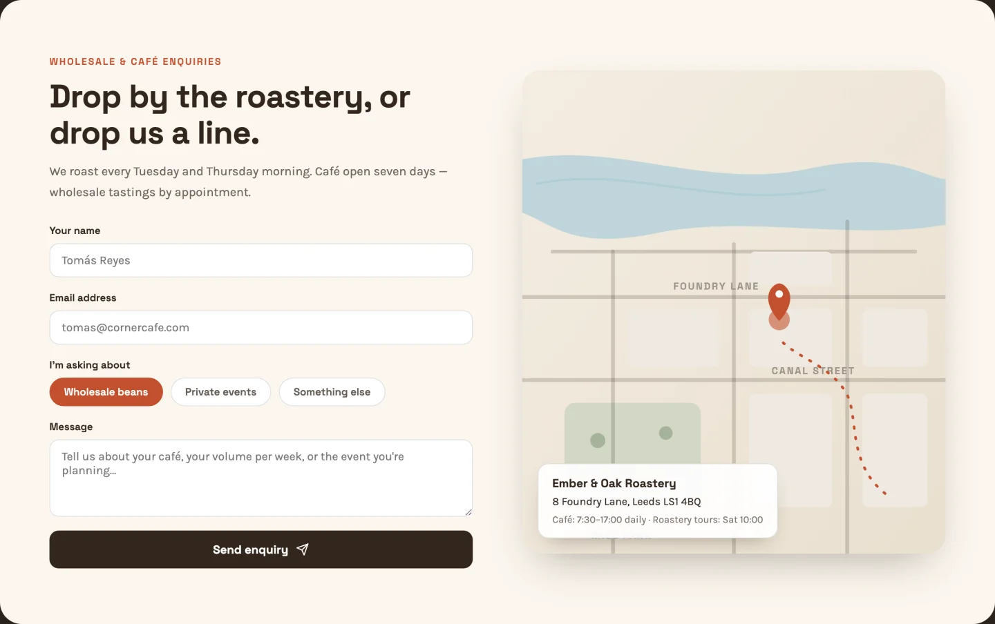 Elementor contact template with topic chips form and animated illustrated map with pulsing location pin