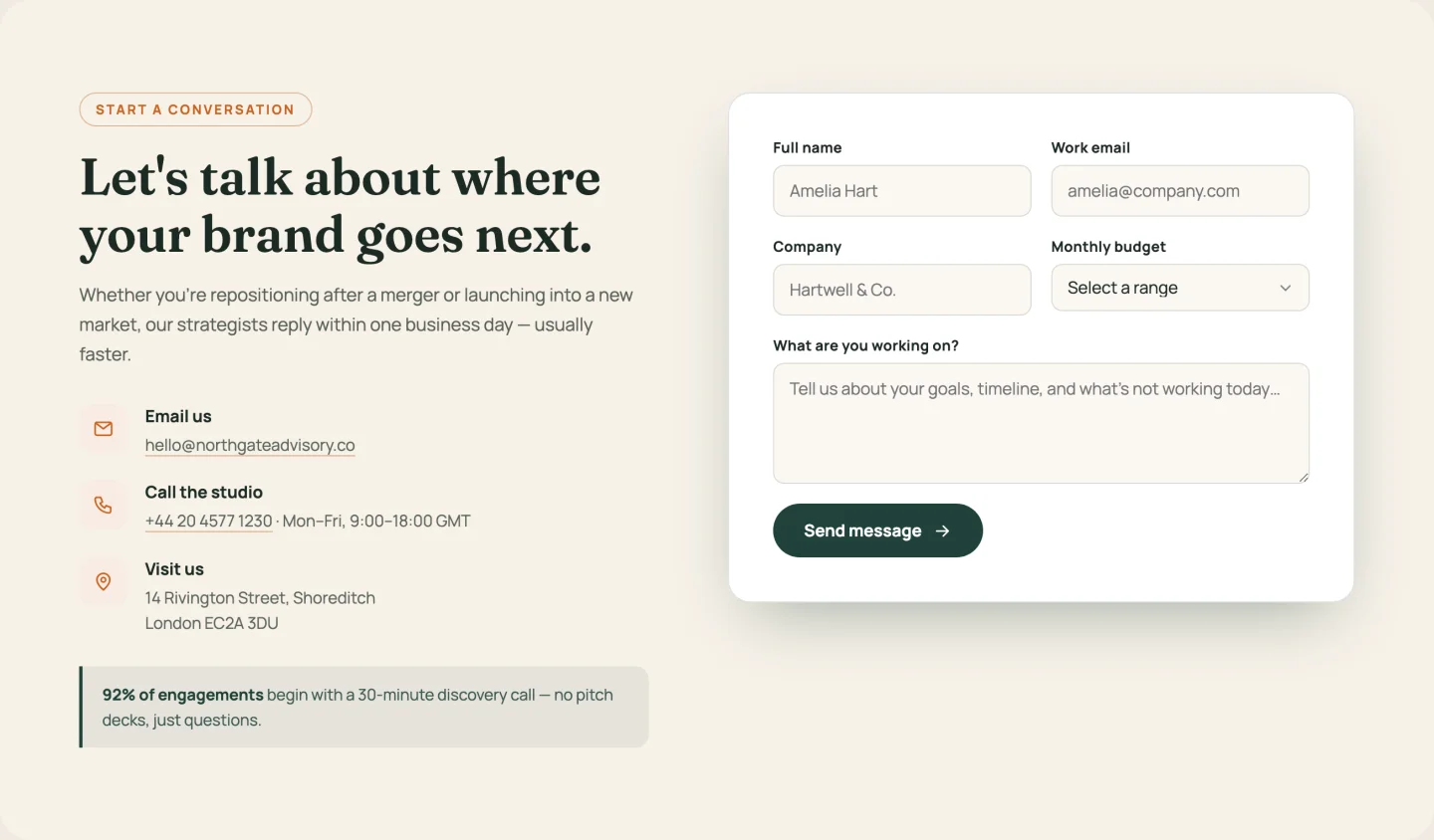 Elementor contact section template with contact details and note box left, form with budget dropdown right