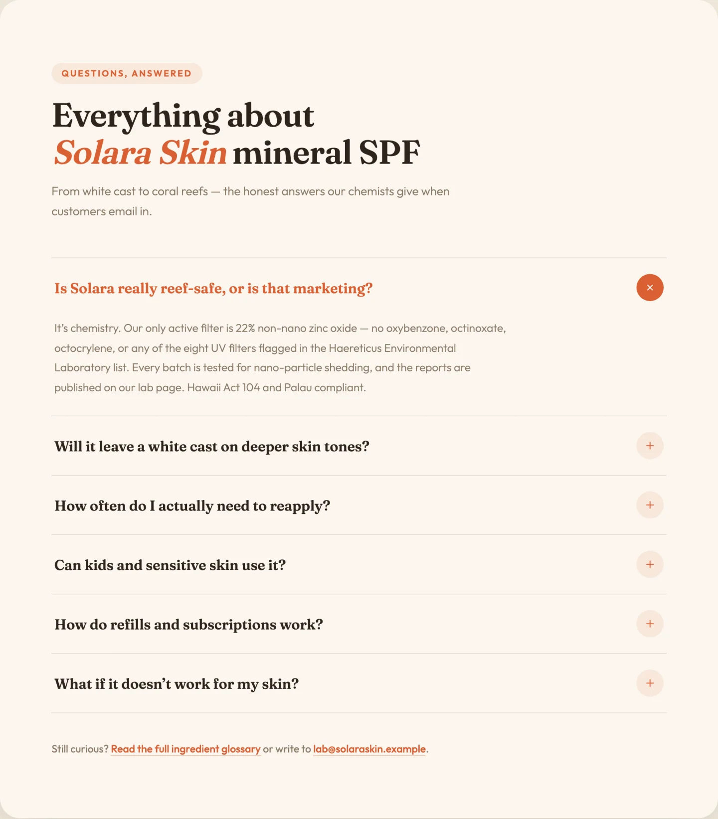 Elementor FAQ accordion template with single-open questions, plus icons and a footer contact note