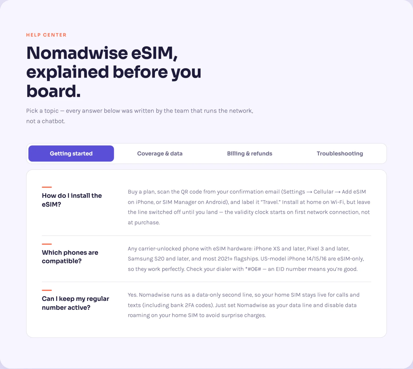 Elementor FAQ template with category tab navigation, sliding pill indicator and grouped questions
