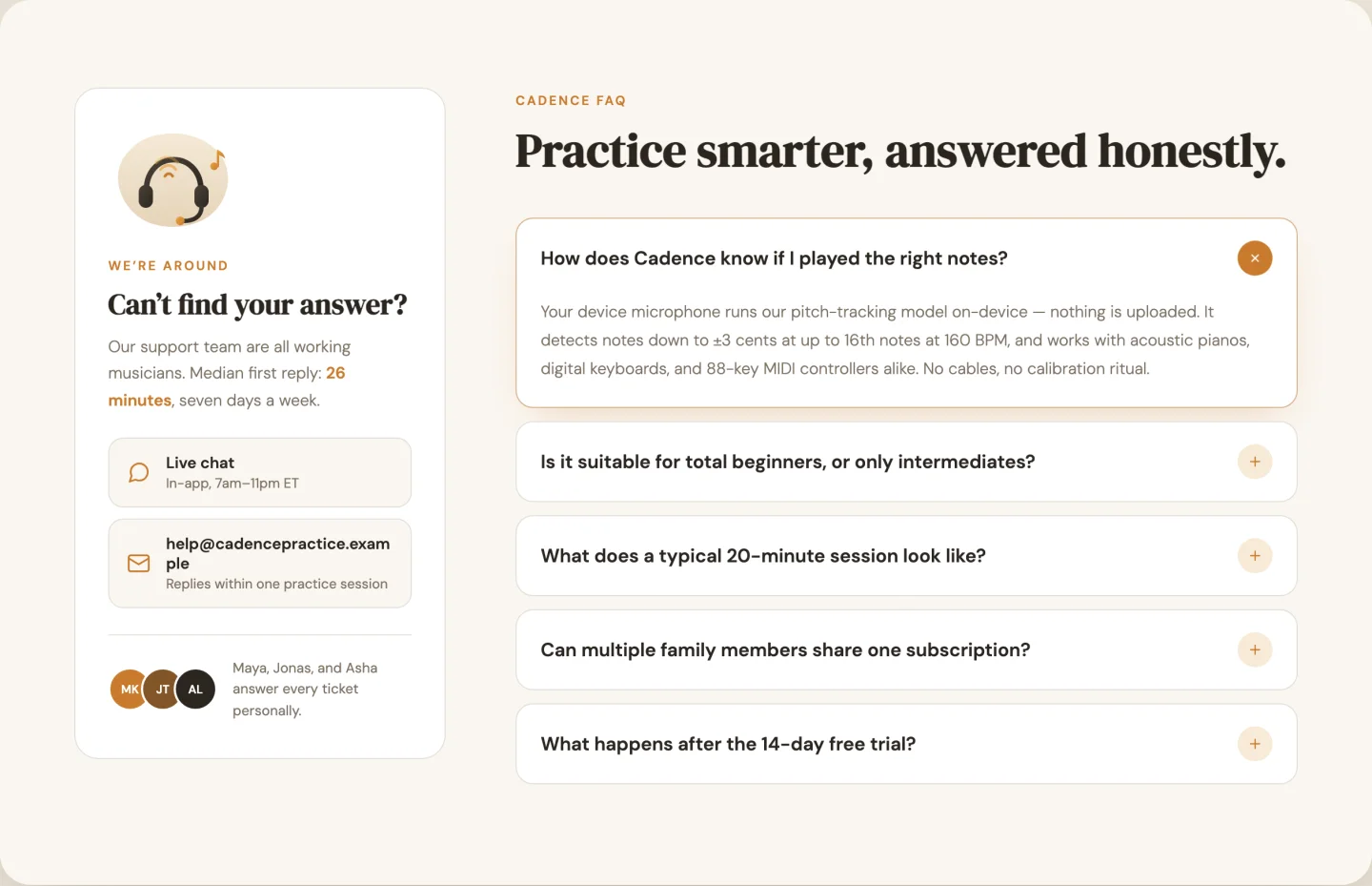 Elementor FAQ section template with multi-open accordion left and sticky support contact card right