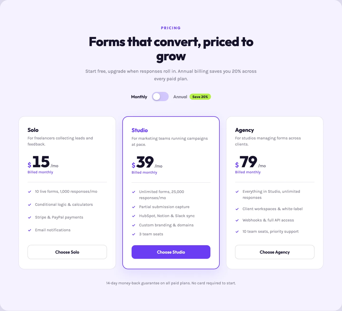 Elementor pricing template with monthly annual billing toggle, save badge and three plan cards with flipping prices