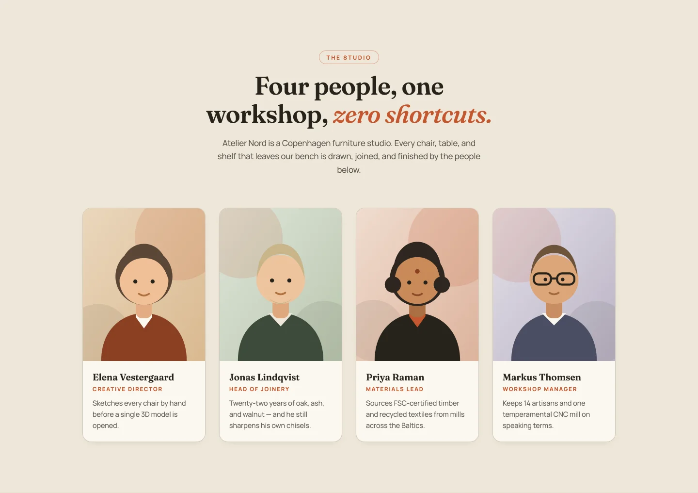 Elementor team section template with four photo cards, portrait zoom and accent border sweep on hover