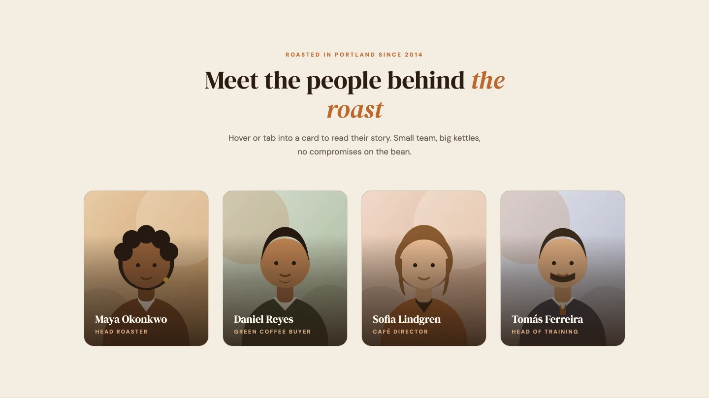 Elementor team template with portrait cards that reveal bios and social links on hover or tap