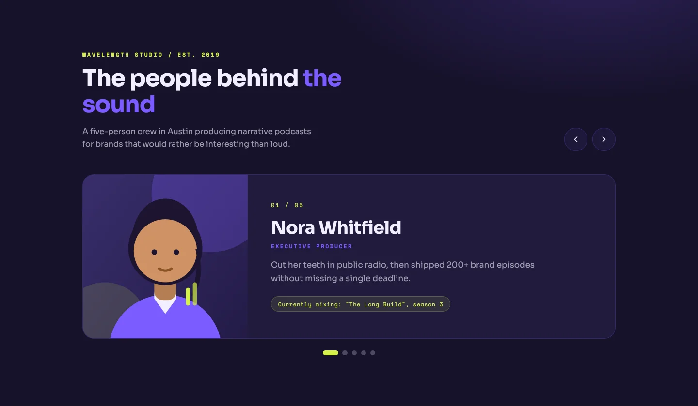 Elementor team slider template with large member photo, bio panel, dots and slide counter on dark background