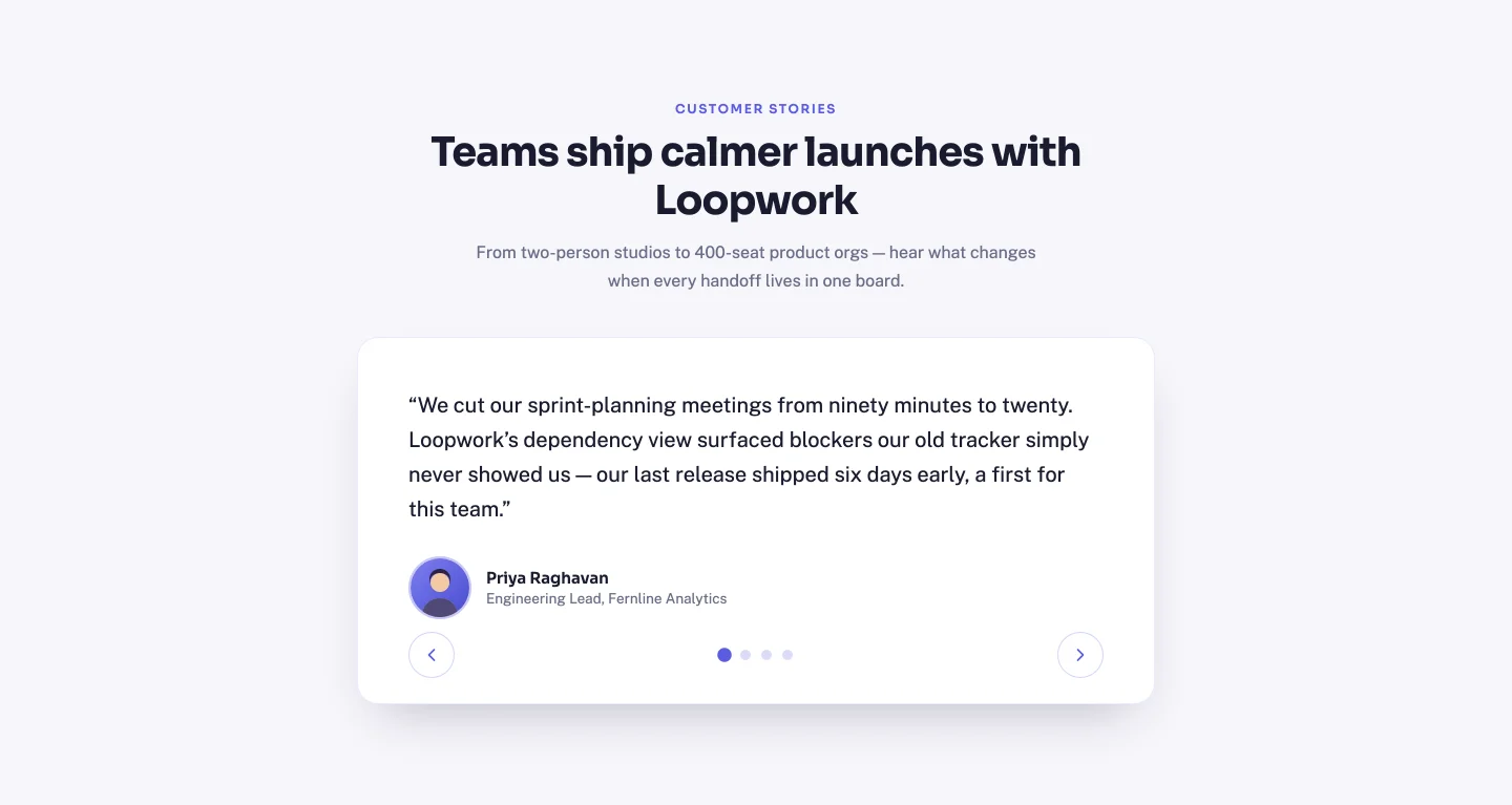 Elementor testimonial carousel template with large quote card, avatar, arrow navigation and slide dots