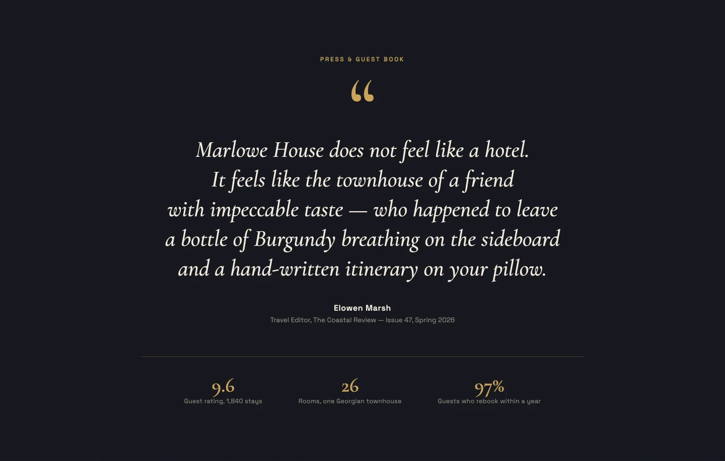 Elementor single quote testimonial template with large serif quote revealed line by line and a stats strip