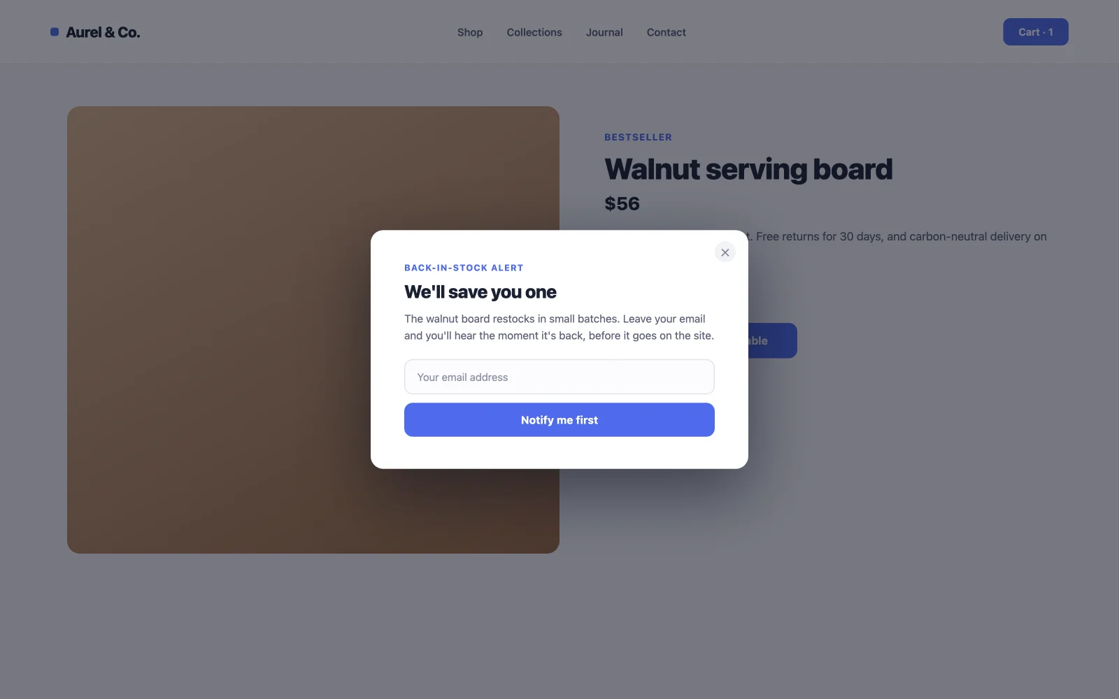 Back in stock notification popup example on an out of stock WooCommerce product page