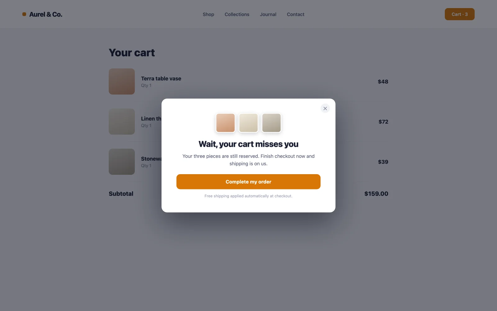 Cart abandonment exit intent popup example offering an incentive to complete a WooCommerce order