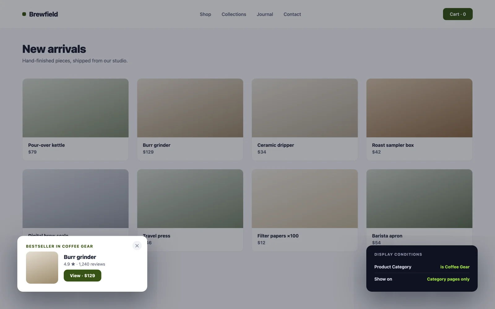 Category specific product recommendation popup example targeted with display conditions in Elementor
