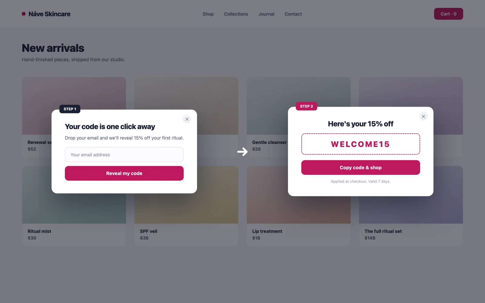 Two step coupon reveal popup example where the discount code appears after email signup