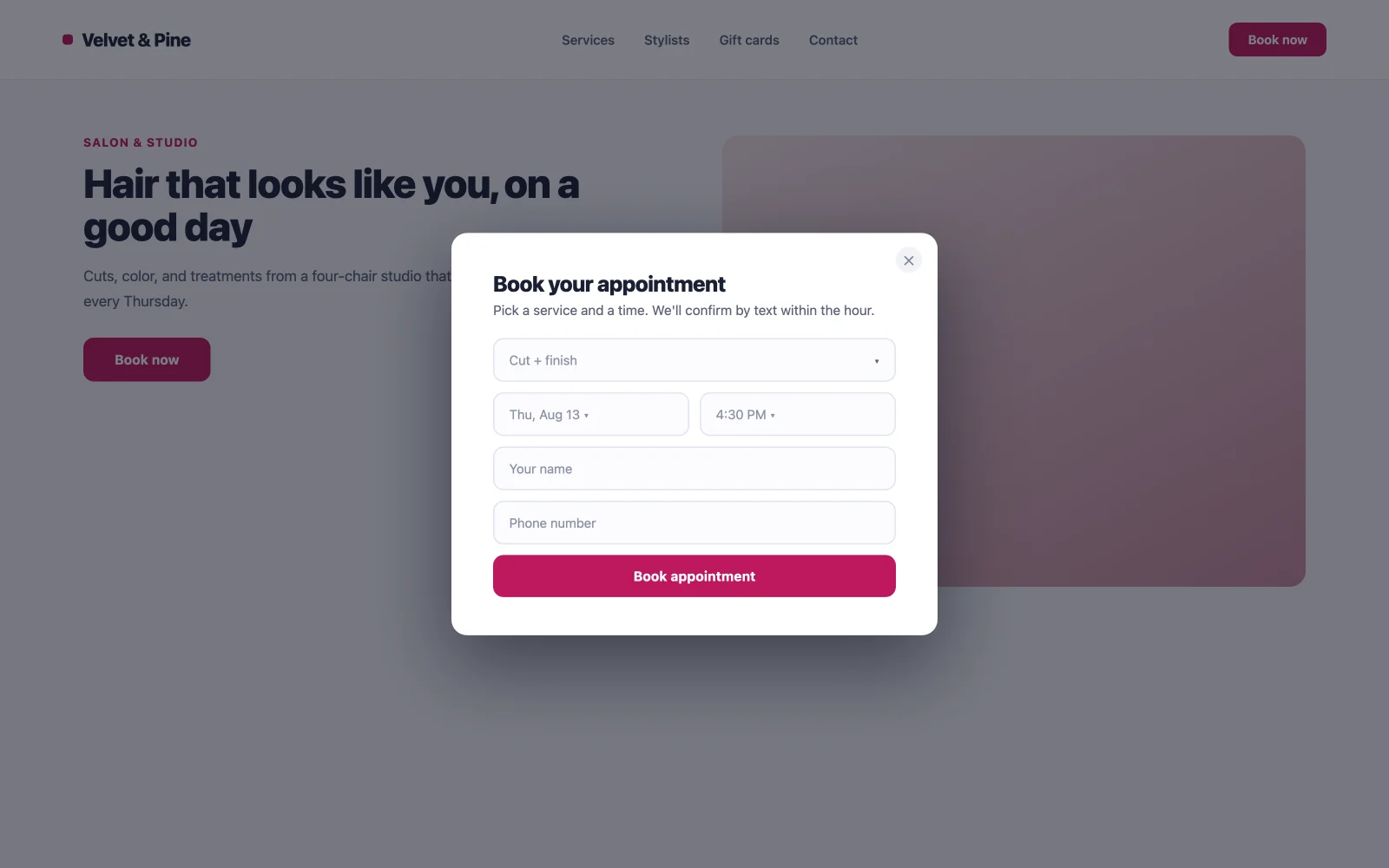 Appointment booking form popup example for a salon website opened from a book now button