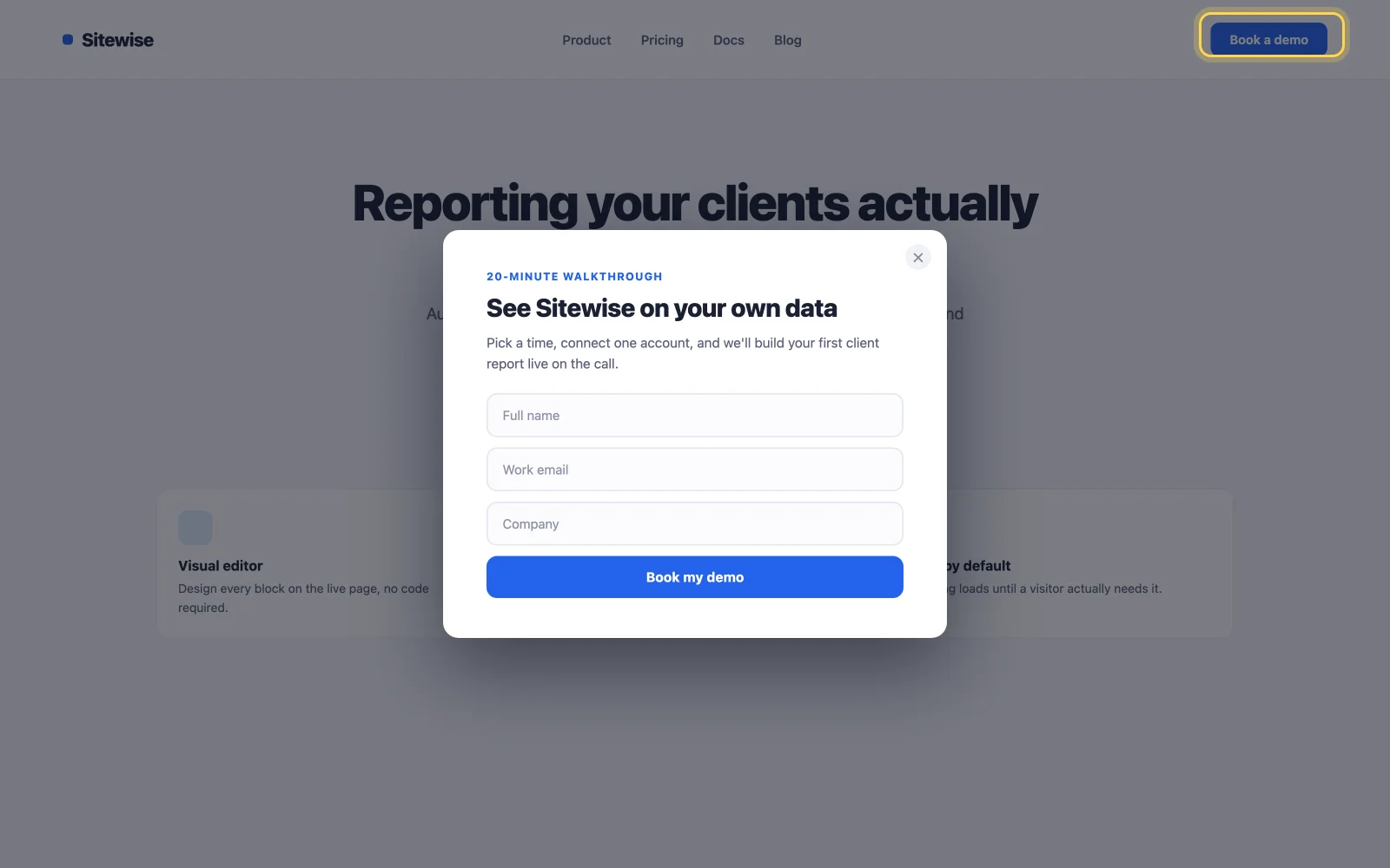 Demo request popup example opened by clicking a header button in Elementor