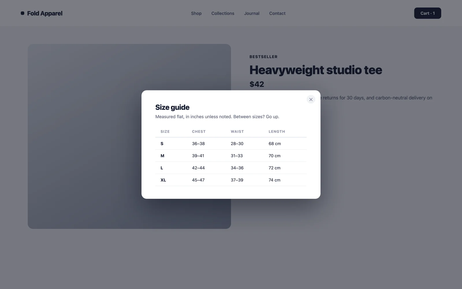 Click to open detail modal popup example showing a size guide without leaving the product page