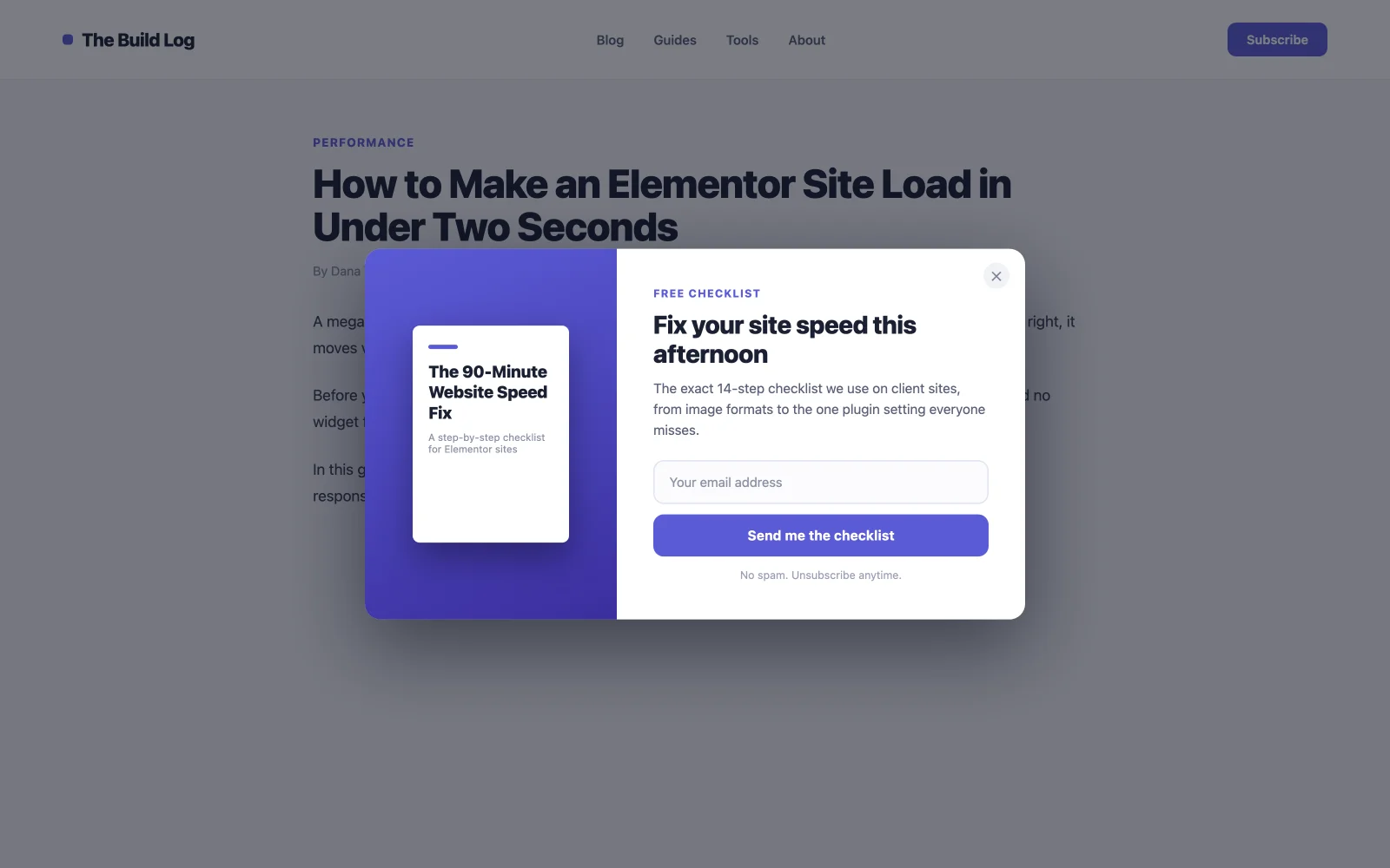 Ebook download popup example built in Elementor with cover image, single email field and download button