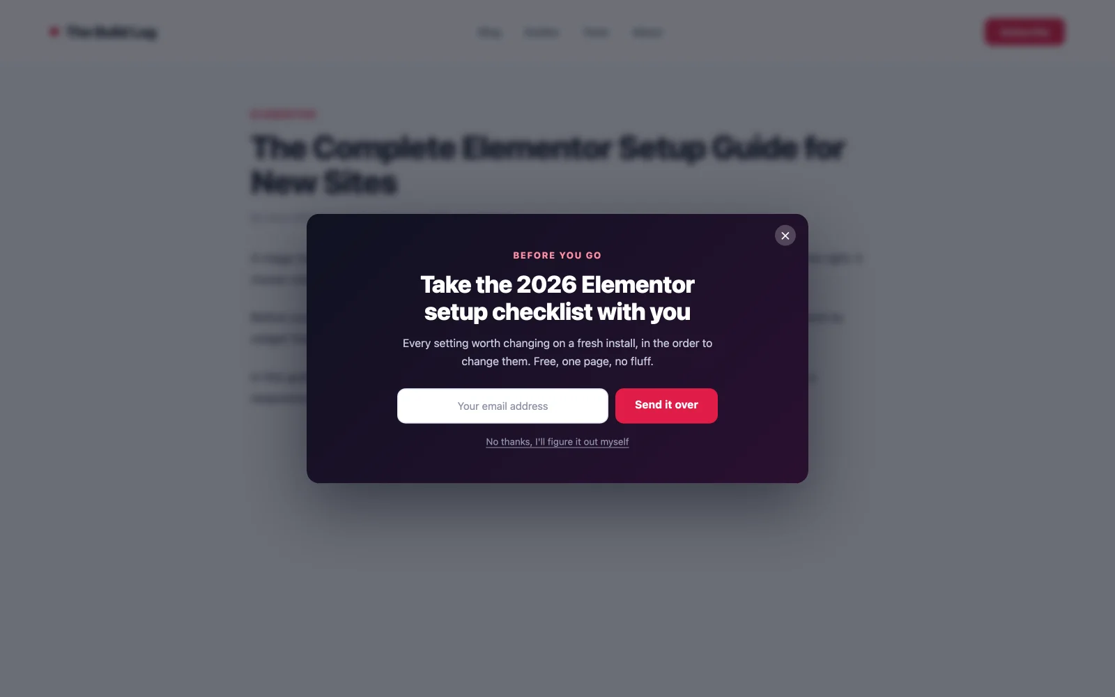 Exit intent popup example in Elementor offering a lead magnet as the visitor moves to close the tab