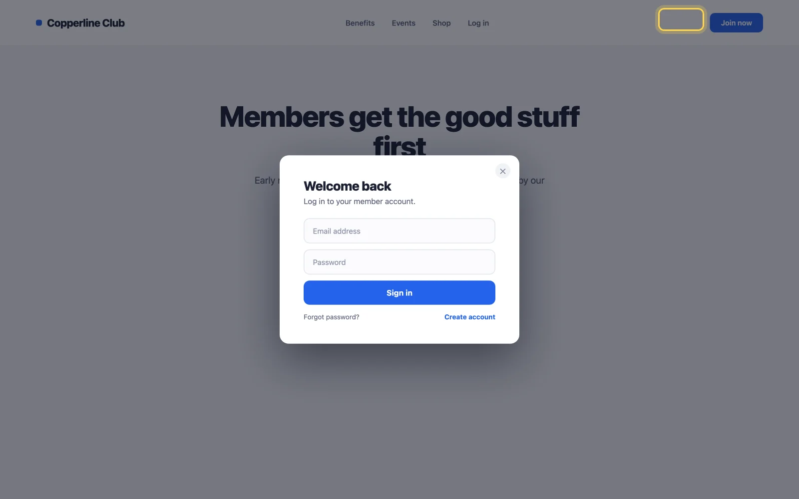 Login modal popup example opening a styled sign in form on click without a page reload