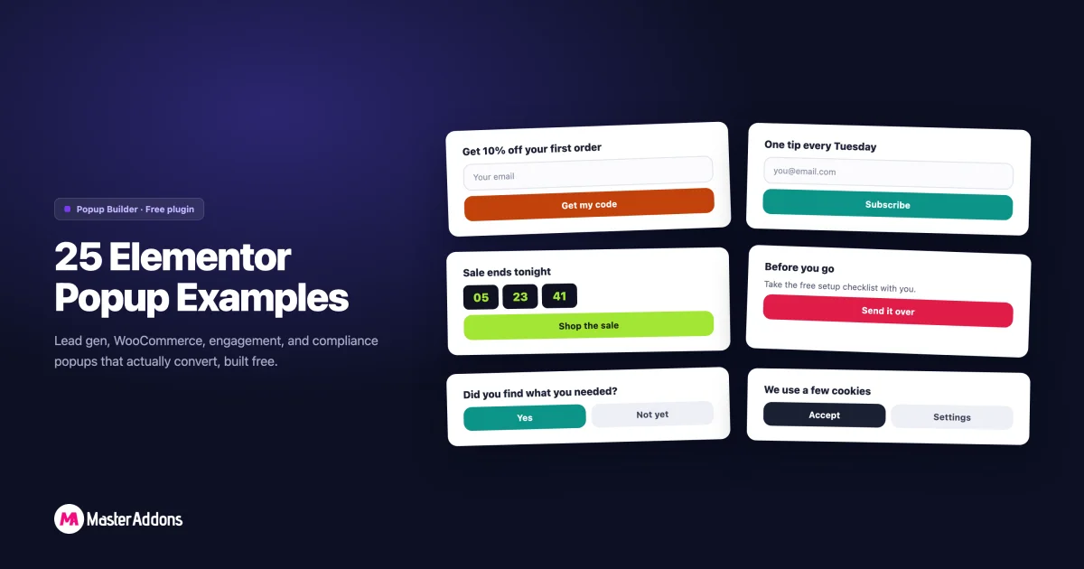 Grid of Elementor popup examples including email opt-in, discount code, countdown, exit intent and cookie notice built with Master Addons Popup Builder