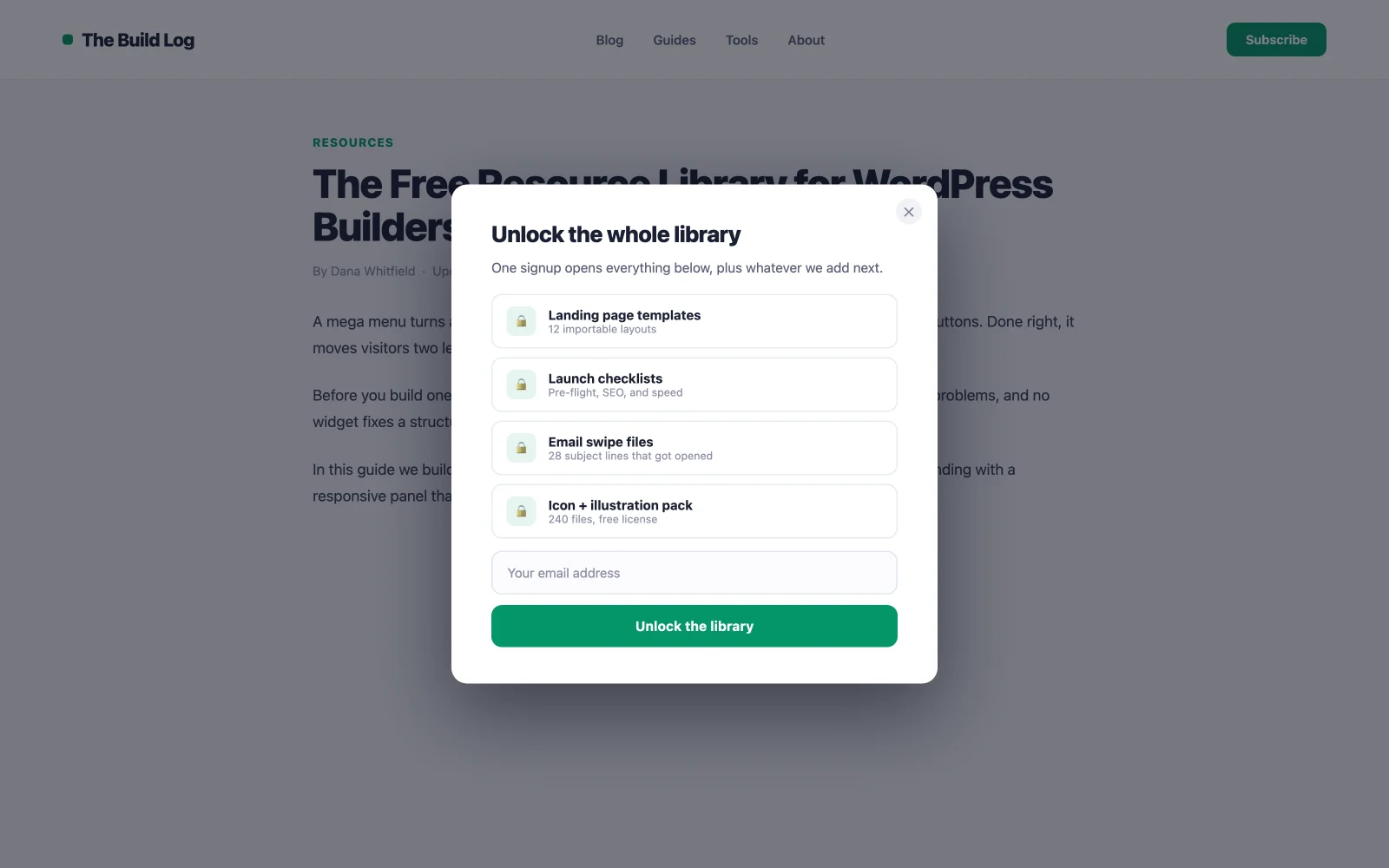 Resource library unlock popup example showing gated collection of guides behind an email signup