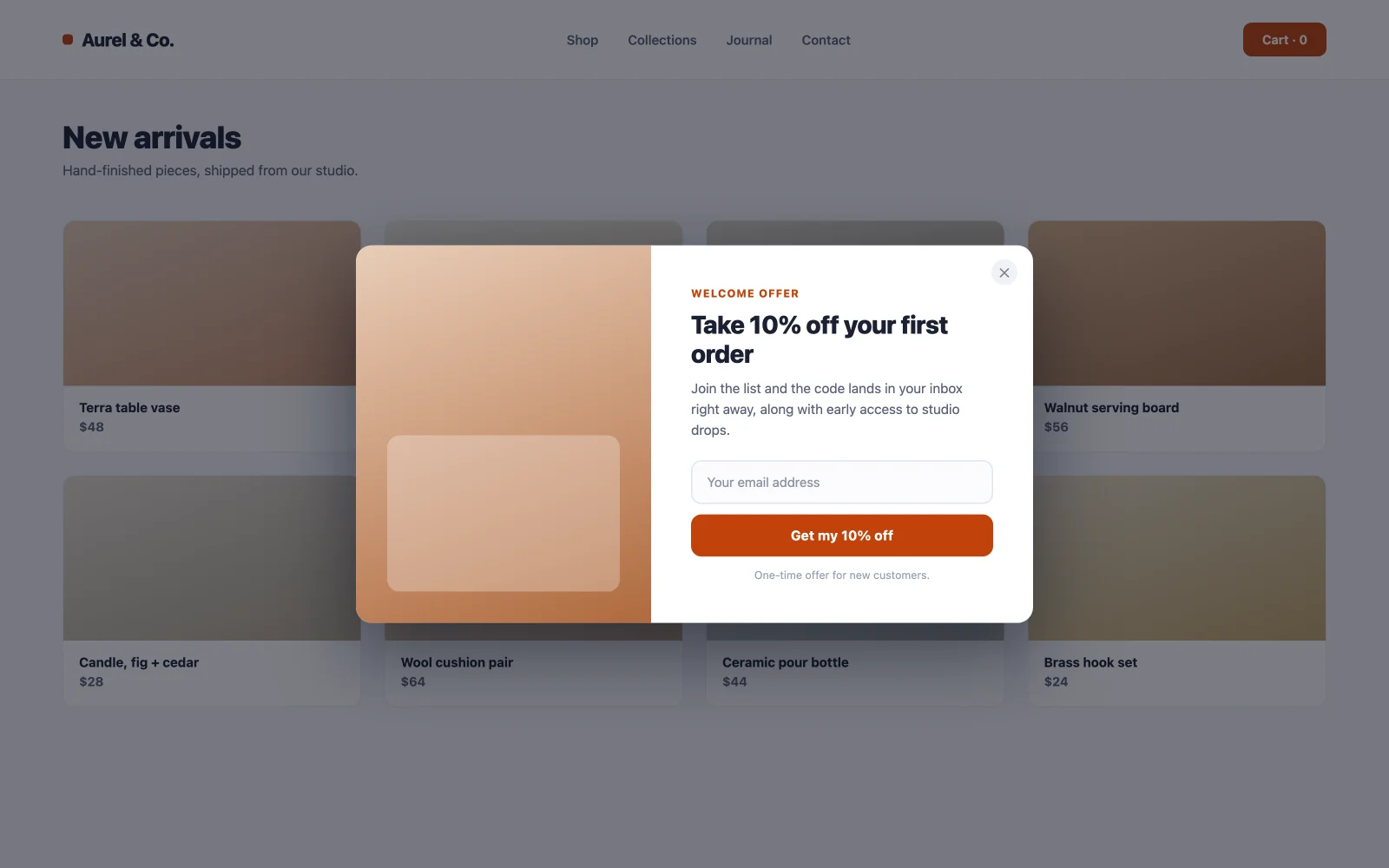 First order discount popup example for WooCommerce offering 10 percent off in exchange for an email address