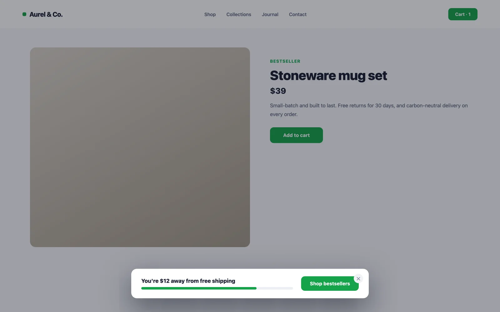 Free shipping threshold popup example telling the shopper how much more to add to qualify