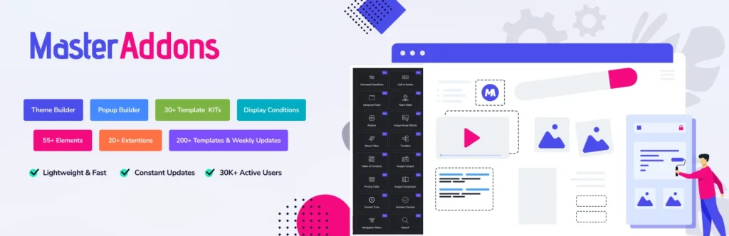 Master Addons for Elementor plugin banner showing Theme Builder, Popup Builder, template kits and 30K+ active users