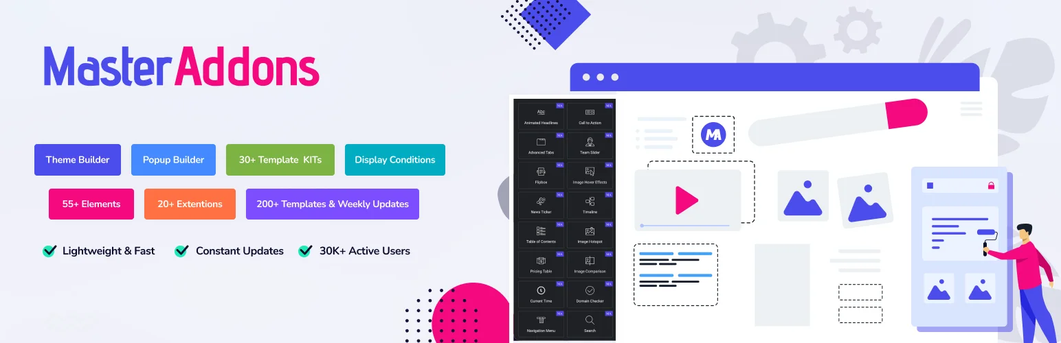 Master Addons for Elementor plugin banner showing Theme Builder, Popup Builder, template kits and 30K+ active users