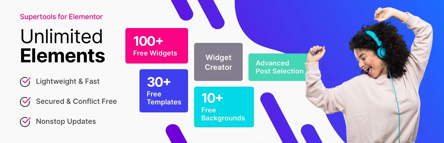 Unlimited Elements for Elementor plugin banner with widget library graphics