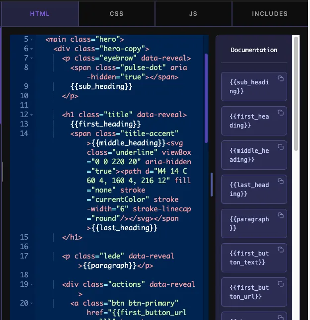Documentation sidebar in the Widget Builder listing the available template tokens for each field in the widget