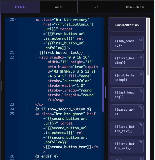 Twig if block in the Widget Builder HTML editor wrapping the second button markup so it only renders when the switcher is on