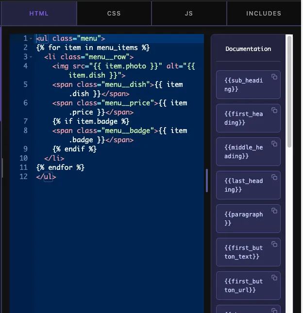 Twig for loop in the Widget Builder HTML editor rendering repeater rows with dotted item tokens