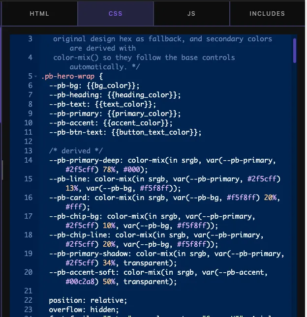 Widget Builder CSS editor with Twig tokens printing color field values into CSS custom properties