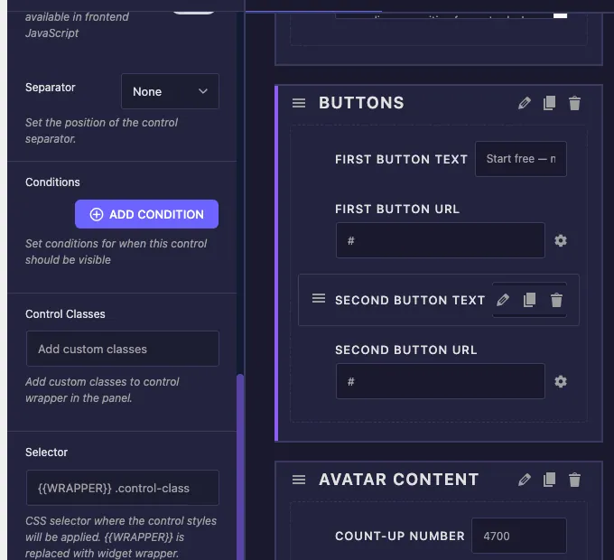 Conditions option in the Master Addons Widget Builder field settings panel with the Add Condition button below it