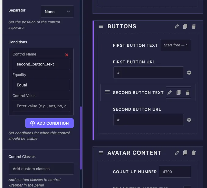 New condition card in the Widget Builder Conditions box showing Control Name, Equality, and Control Value settings
