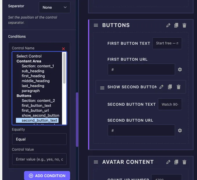 Control Name dropdown open in the Conditions option listing widget controls grouped by section