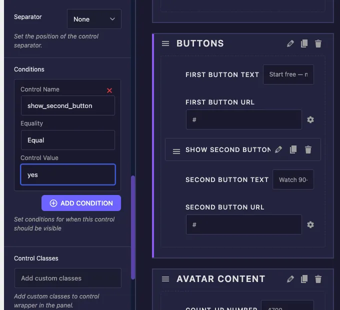 Completed condition in the Widget Builder with show_second_button as Control Name, Equal as Equality, and yes as Control Value