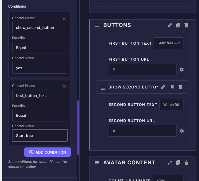 Two stacked condition cards in the Widget Builder Conditions option requiring both rules to pass