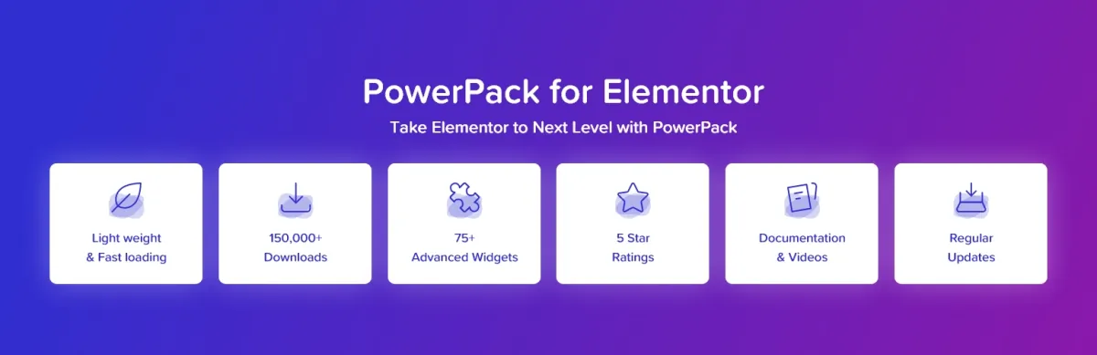 PowerPack for Elementor plugin banner highlighting lightweight loading, 150,000+ downloads and 75+ advanced widgets