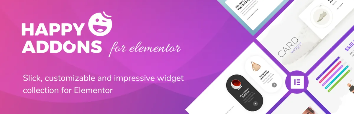 Happy Addons for Elementor plugin banner with the Happy Addons logo and sample widget cards