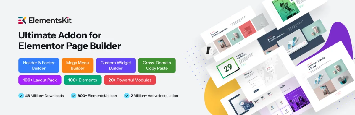 ElementsKit for Elementor plugin banner listing header and footer builder, mega menu builder and 100+ elements