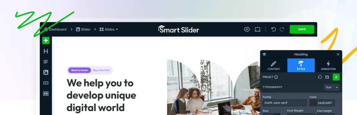Smart Slider 3 plugin banner showing the standalone slider editor with heading style and animation panels