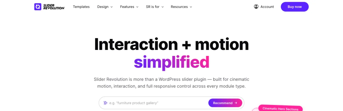 Slider Revolution homepage hero reading Interaction plus motion simplified, above a row of cinematic slider templates