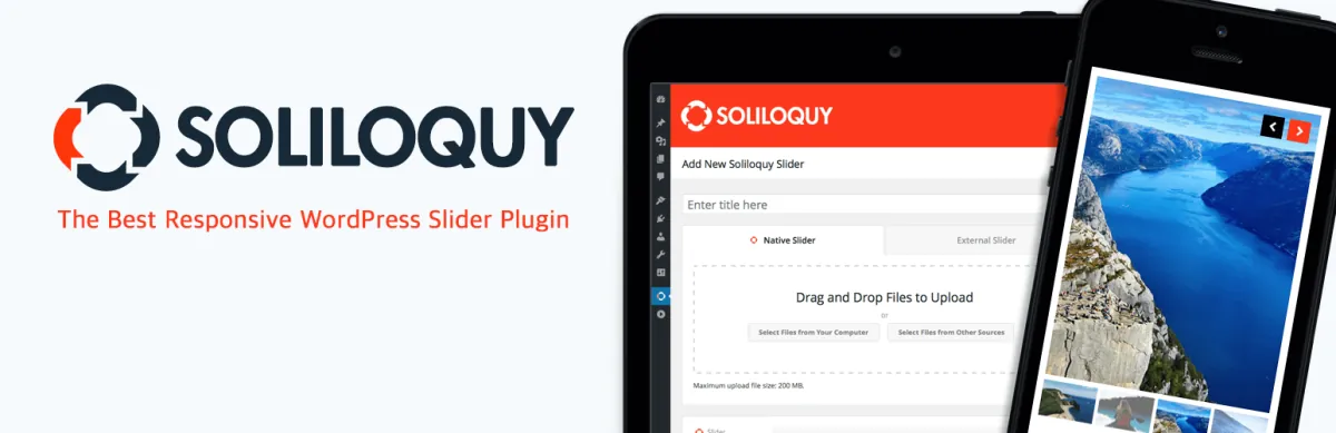 Soliloquy plugin banner captioned The Best Responsive WordPress Slider Plugin, showing the slider builder on a tablet and phone