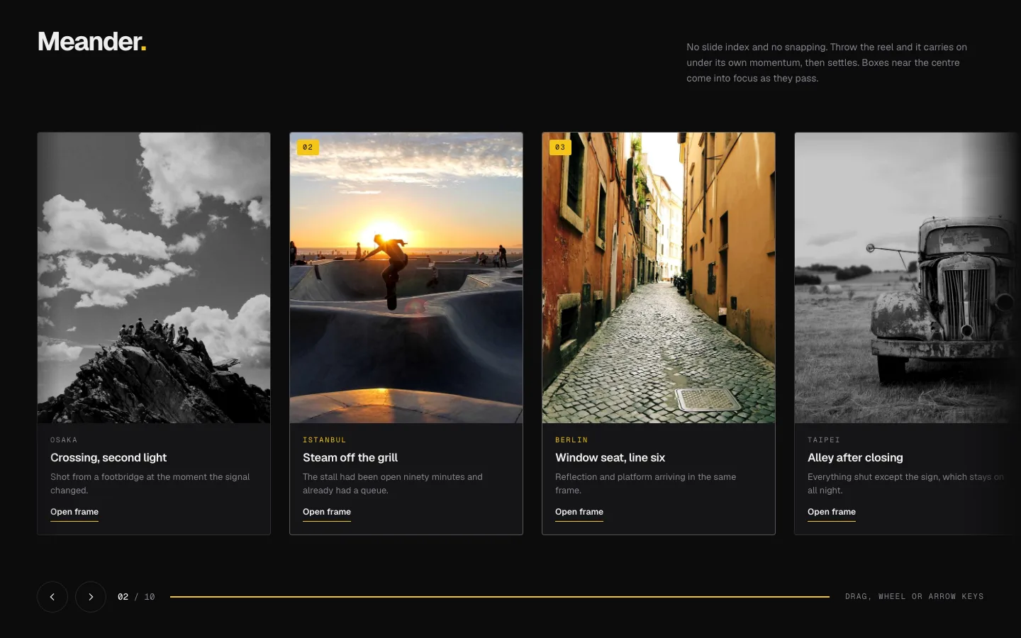 Meander Drag Elementor slider template with free drag and momentum scrolling