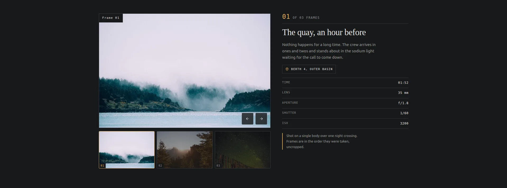 Vitrine Plate Gallery Elementor thumbnail gallery slider with frame-data caption panel