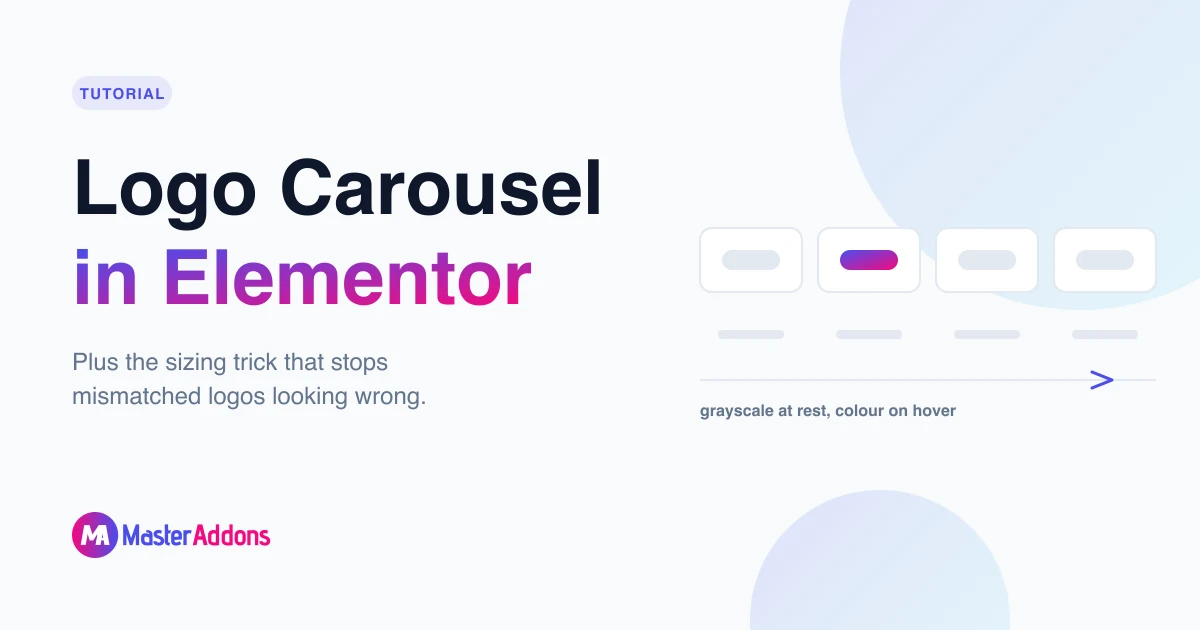Featured image: Elementor logo carousel showing grayscale logo tiles with one in brand colour