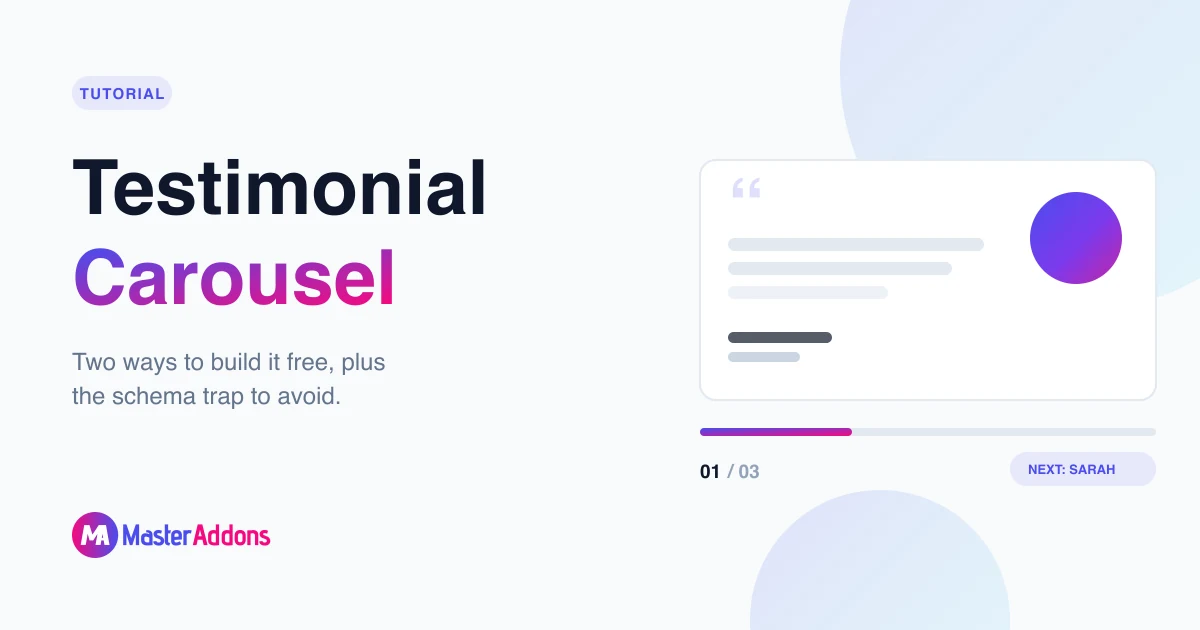 Featured image: Elementor testimonial carousel with a quote panel, portrait, progress bar and next-voice button