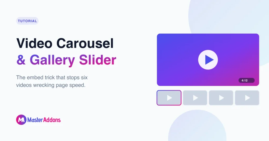 Featured image: Elementor video carousel with a large play button preview, runtime badge and thumbnail strip